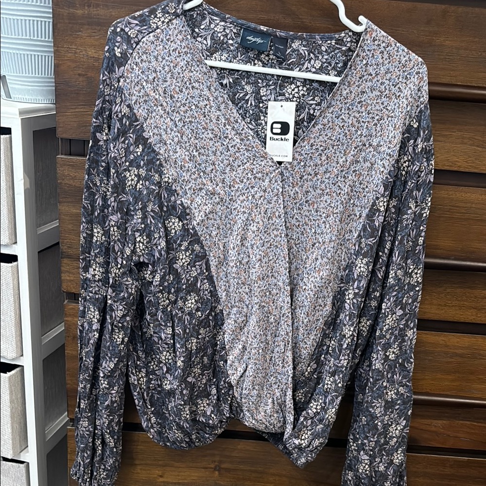 Gray and Black Ruched Tie Front Blouse